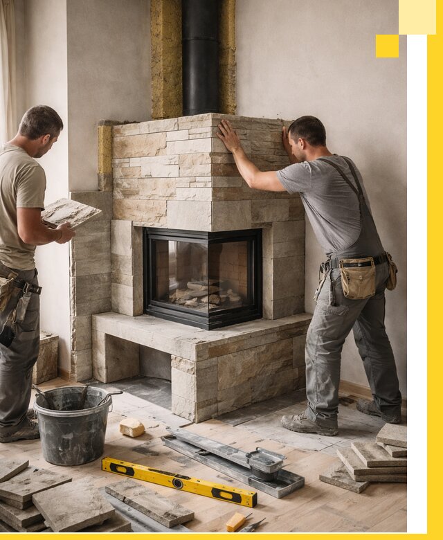 Угловые камины под ключ проект, монтаж и отделка в Искитиме