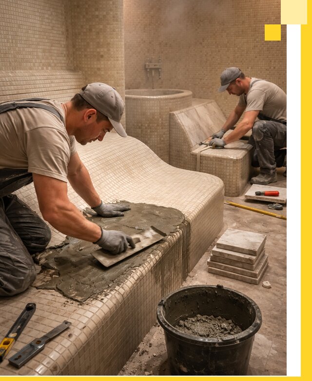 Лежаки для хамама под ключ в Искитиме, проект и монтаж