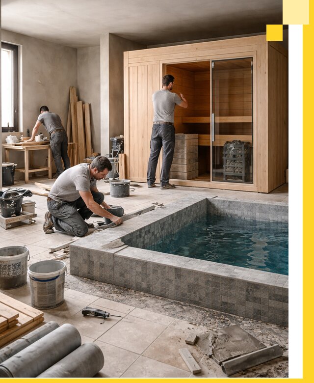 SPA зоны под ключ с бассейном сауной и печью в Искитиме